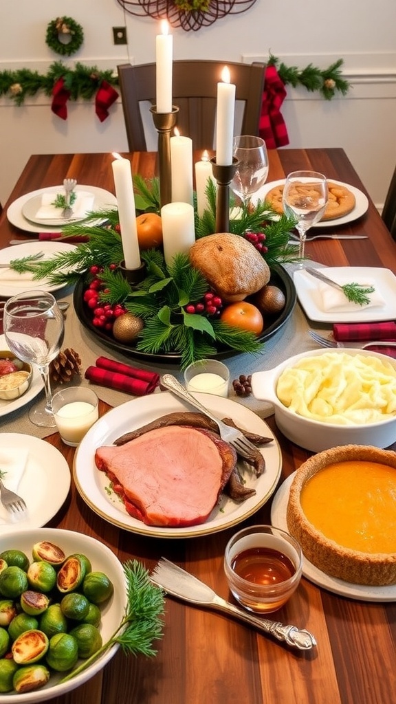 A festive Christmas dinner table with no-oven dishes including ham, mashed potatoes, Brussels sprouts, and cheesecake.